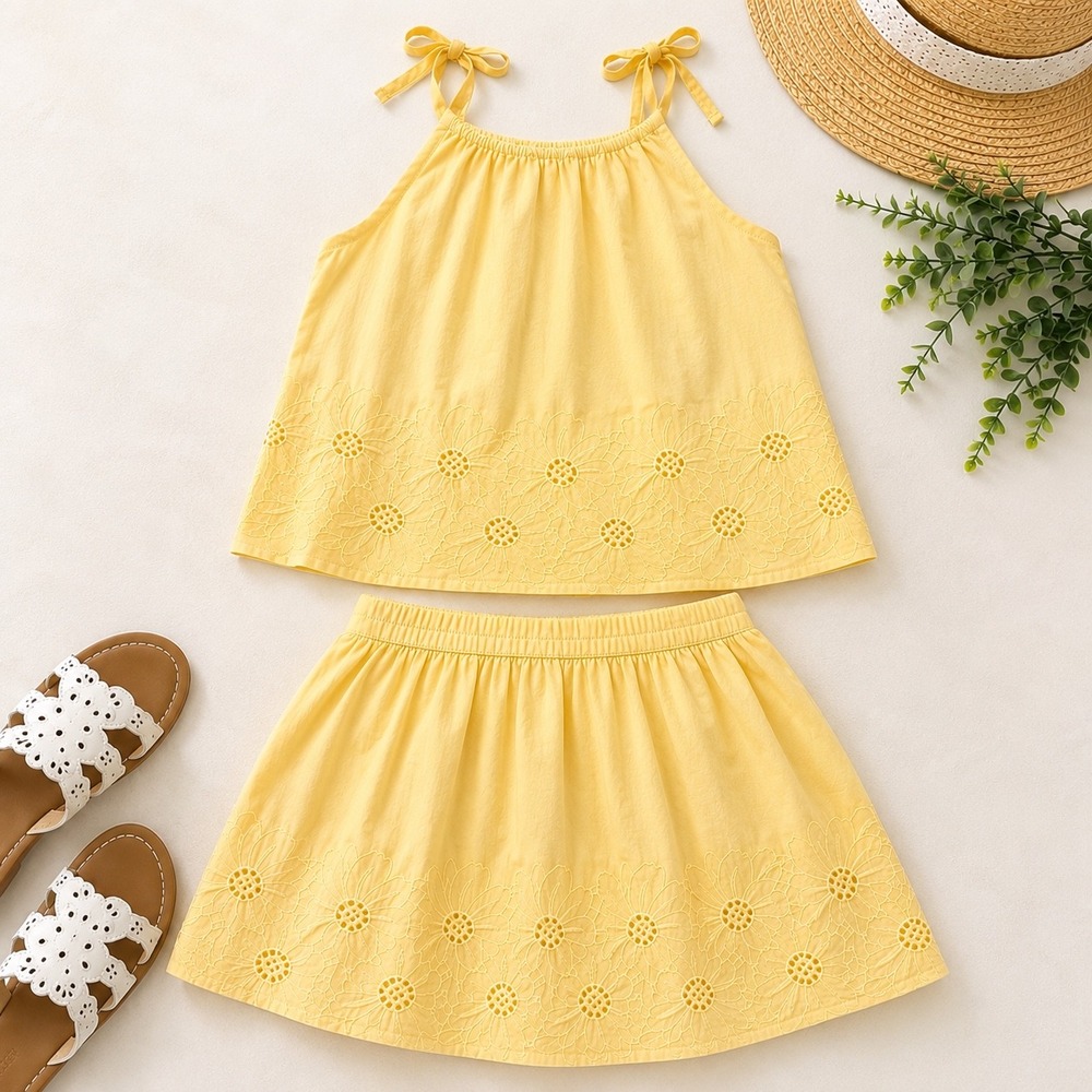 Crewcuts J.Crew Girls Yellow Floral Eyelet Embroidery 2 Piece Top Skirt Size 10